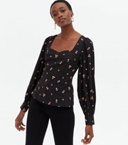 New Look Tall Black Ditsy Floral Crepe Tie Back Blouse
